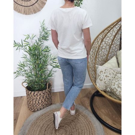 T-Shirt femme blanc broderie smile rose poudré