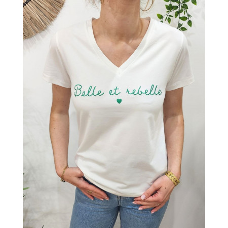 T-Shirt femme écru broderie belle et rebelle vert