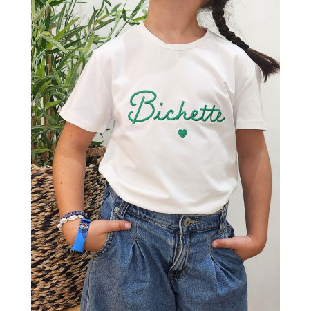 T-Shirt enfant ecru broderie bichette vert gazon