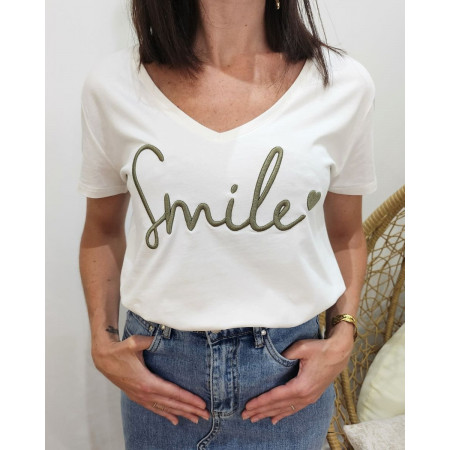 T-Shirt femme blanc broderie smile kaki