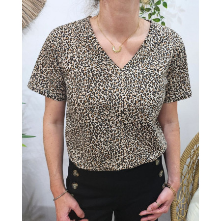 T-shirt femme col V léopard cœur doré 