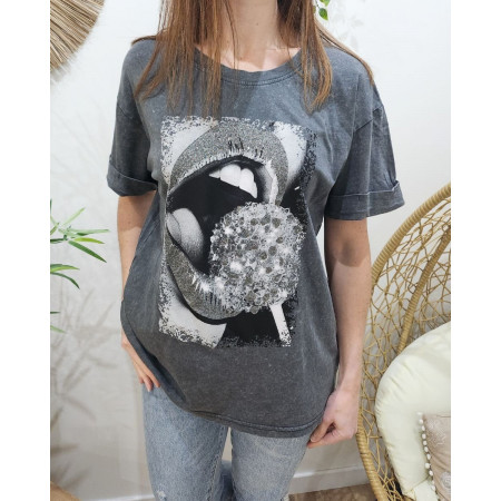 T-shirt femme gris délavé bouche pailletée argenté