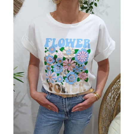 T-shirt femme blanc Flower Power