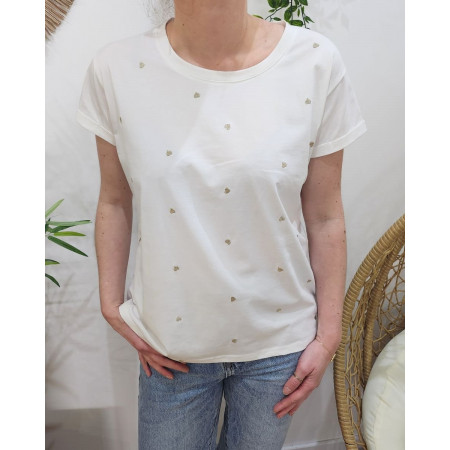 T-Shirt femme blanc coeurs brodés dorés