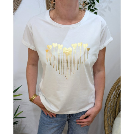 T-Shirt femme blanc coeurs coulants dorés