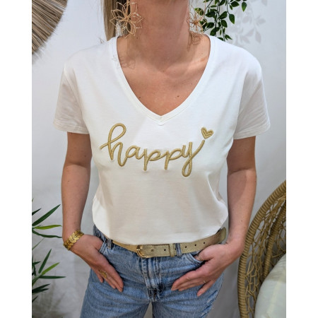 T-Shirt femme blanc broderie happy dorée