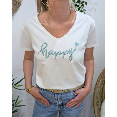 T-Shirt femme blanc broderie happy vert agate