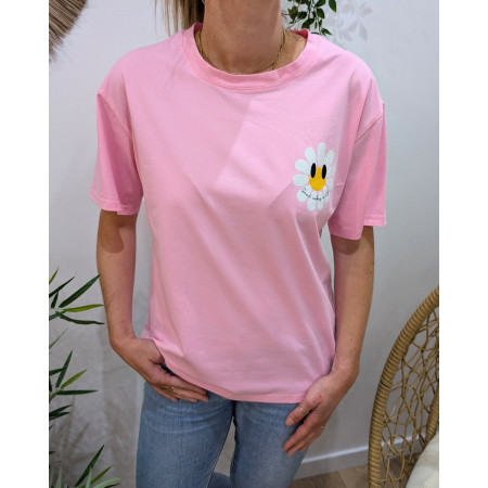 T-Shirt femme rose fleurs good vibes Only