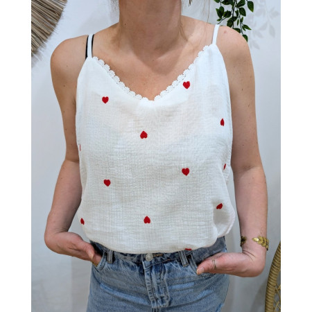 Top femme à bretelle coton gaze blanc coeurs rouges
