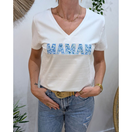 T-Shirt femme blanc Maman bleu