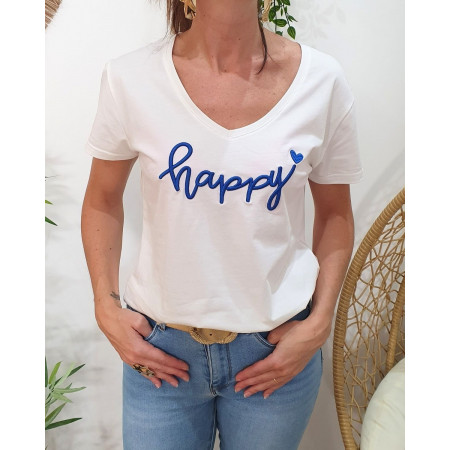 T-Shirt femme blanc broderie happy bleu roi