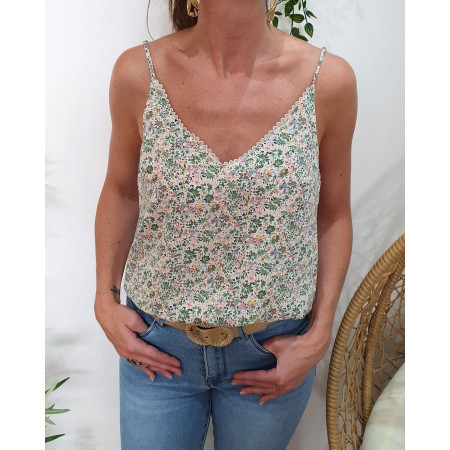 Top femme à bretelles écru petites fleurs vertes Sophie