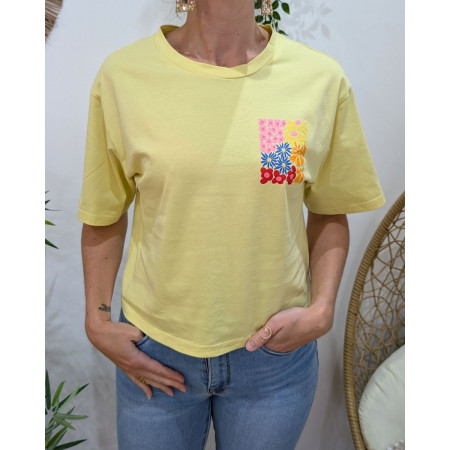 T-Shirt femme jaune carré floral