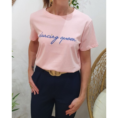T-shirt femme rose broderie dancing queen bleue et dorée