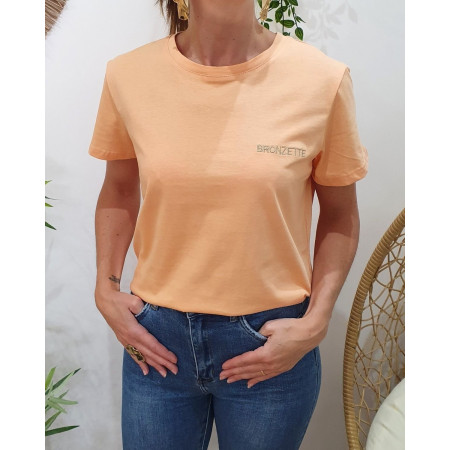 T-shirt femme orange broderie bronzette dorée