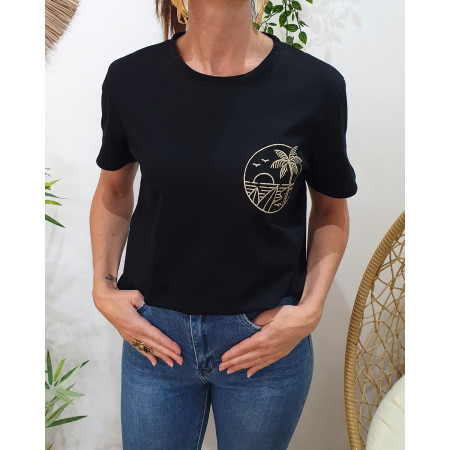 T-shirt femme noir broderie palmier surf dorée
