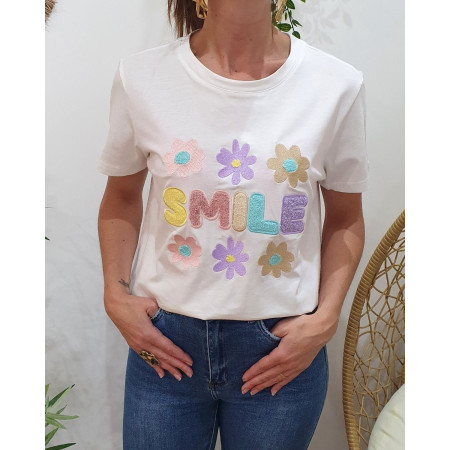 T-shirt femme blanc SMILE fleurs pastelles roses mauves bleues