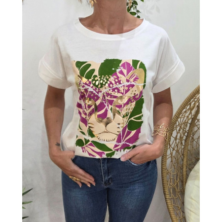 T-Shirt femme ecru léopard doré 