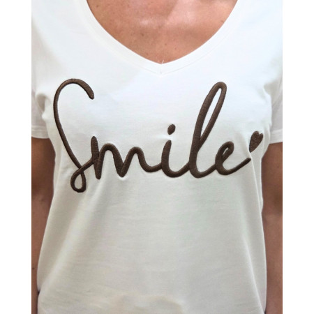T-Shirt femme blanc broderie smile marron