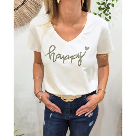 T-Shirt femme blanc broderie happy kaki