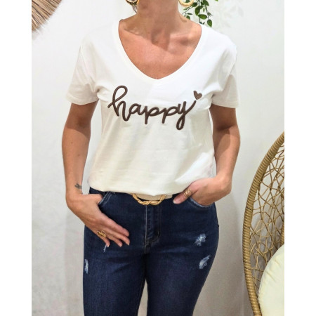 T-Shirt femme blanc broderie happy marron