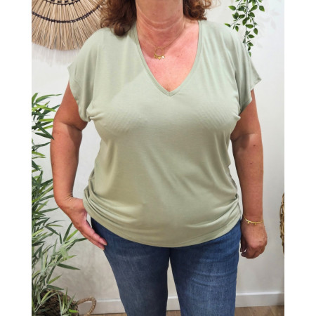 T-Shirt femme uni kaki clair col V Irènea