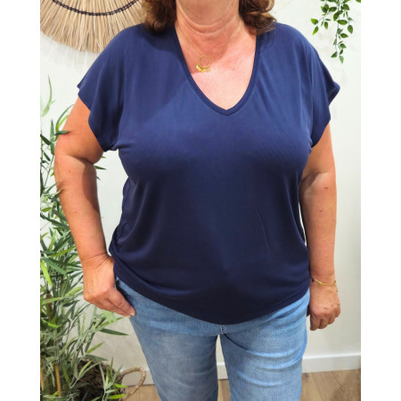 T-Shirt femme uni bleu marine col V Irènea
