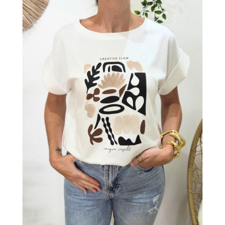 T-Shirt femme blanc motifs noirs marrons creative flow