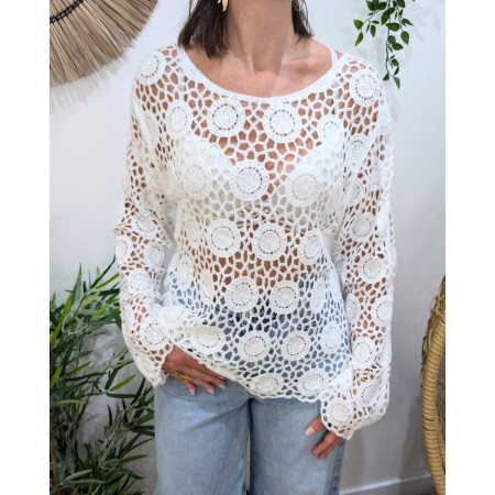 Top femme crochet manches longues blanc