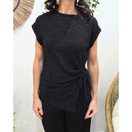 Top femme leopard pailleté noué noir