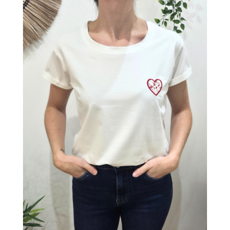 T-shirt femme blanc coeur brodé rouge fleurs multicolores