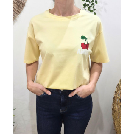 T-Shirt femme jaune AMOUR cerises rose