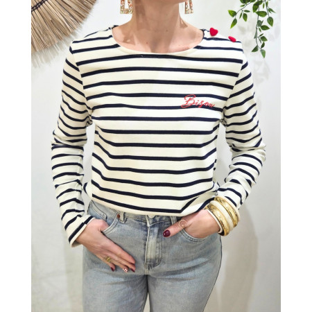 T-shirt marinière femme manches longues boutons coeurs broderie bisous rouge