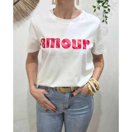 T-shirt femme blanc amour rayures roses et rouges