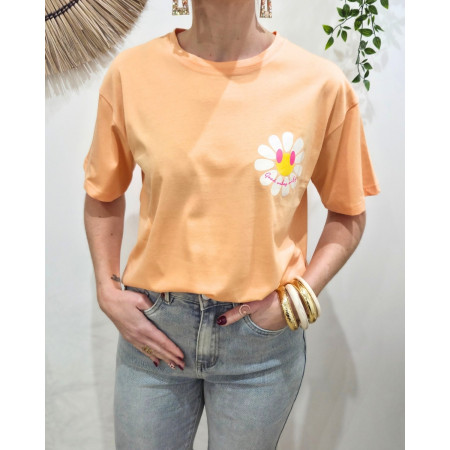 T-Shirt femme orange fleurs good vibes Only