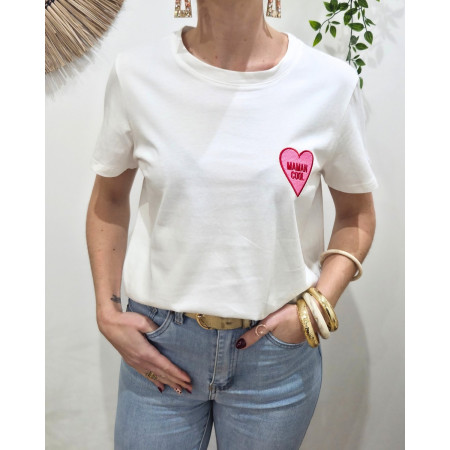 T-Shirt femme blanc Coeur Maman cool brodé rose et rouge