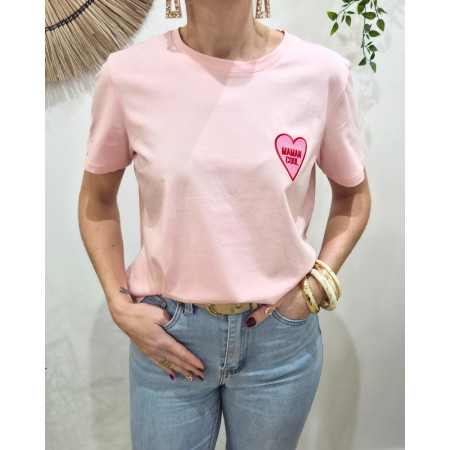 T-Shirt femme rose Coeur Maman cool brodé rose et rouge