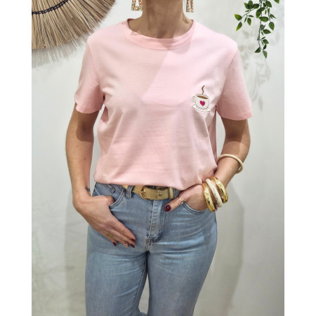 T-Shirt femme rose broderie tasse de café