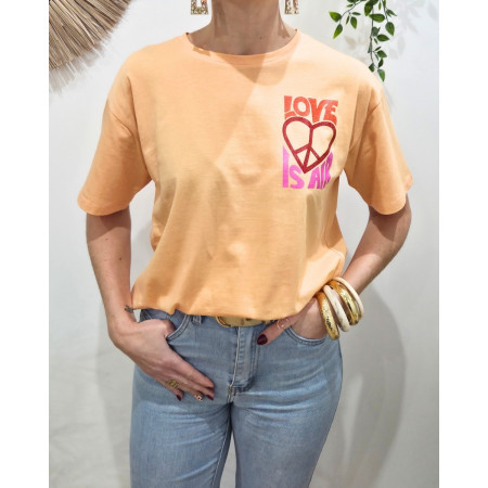 T-Shirt femme orange Love is in the air paillettes