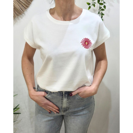T-shirt femme blanc fleur rose dorée brodée