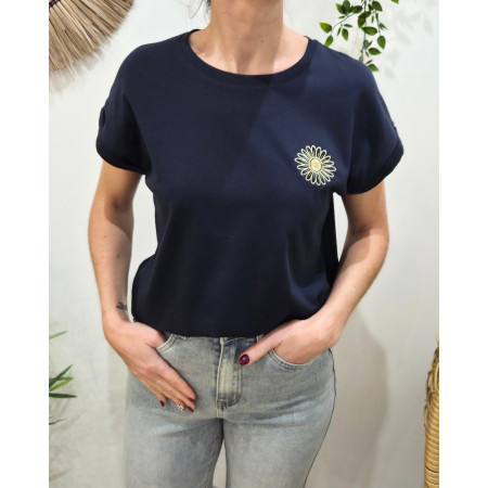T-shirt femme marine fleur dorée brodée