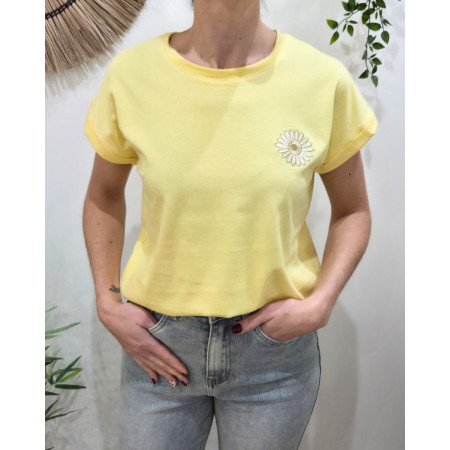 T-shirt femme jaune fleur blanche dorée brodée