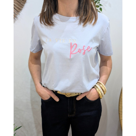 T-Shirt femme bleu ciel La vie en rose