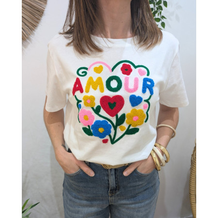 T-Shirt femme blanc amour fleuri multicolores Sardanna