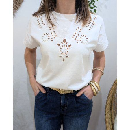 T-Shirt femme blanc broderies ajourées Altana