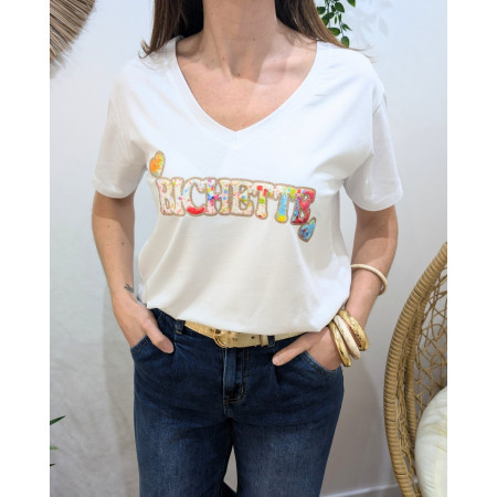 T-Shirt femme blanc bichette multicolore paillettes dorées