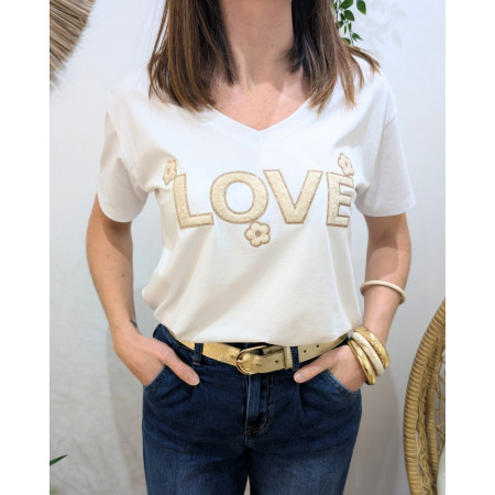 T-Shirt femme blanc LOVE fleuri bouclettes beiges paillettes dorées