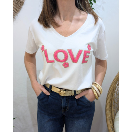 T-Shirt femme blanc LOVE fleuri bouclettes fuchsia paillettes dorées