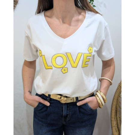T-Shirt femme blanc LOVE fleuri bouclettes jaune paillettes dorées