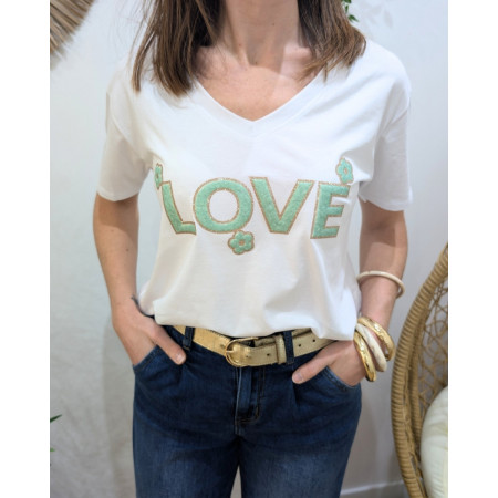 T-Shirt femme blanc LOVE fleuri bouclettes vert d'eau paillettes dorées